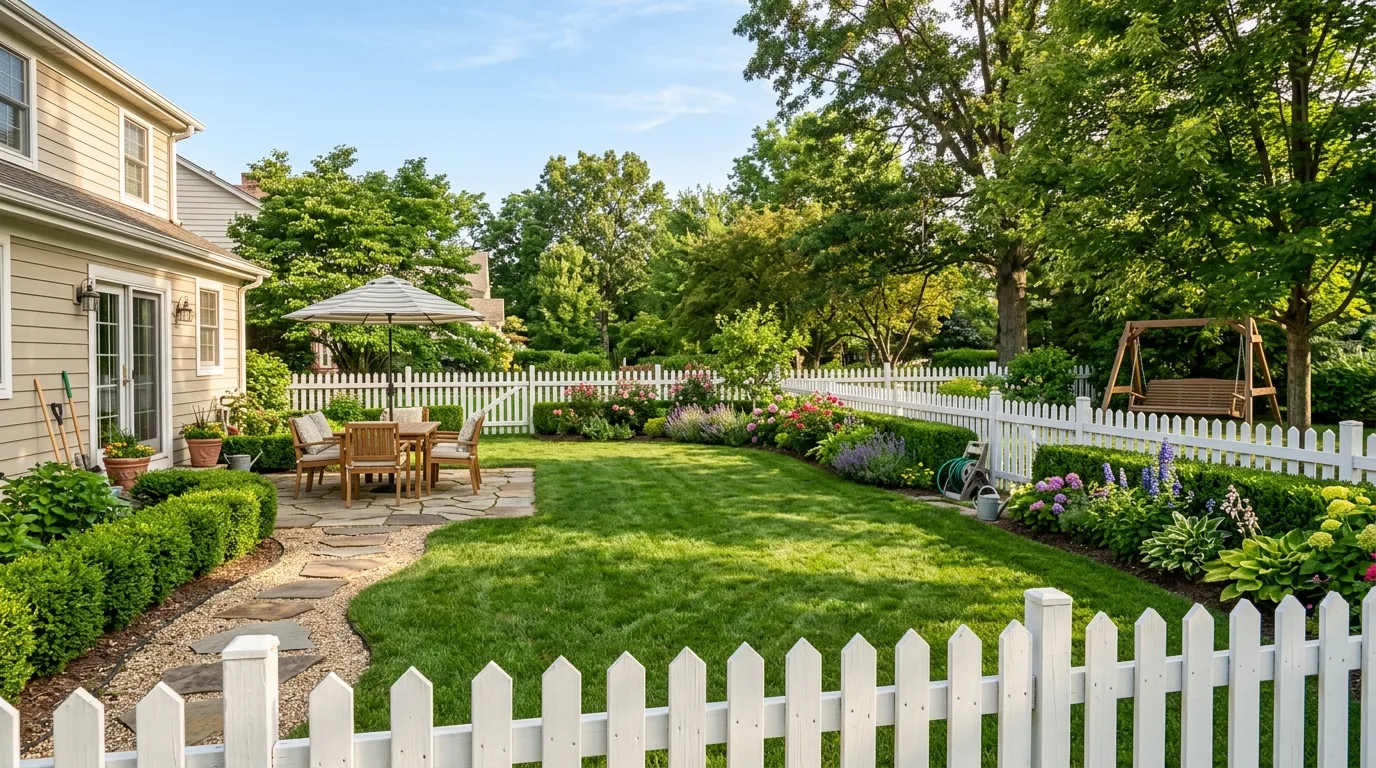 Classic Suburban Backyard With White Picket Fence